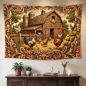 Rustic Farmhouse Rooster Barnyard Wall tapestry,Large size Printed Horizontal Tapestry blanket,Polyester Fabric Wall Hanging for living room,bedroom,No Installation Required,Indoor,Outdoor,Gift for Family and Friends