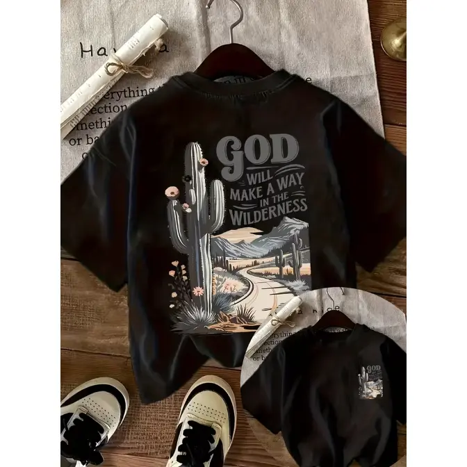 Women'S Casual Cactus & Desert Landscape Print T-Shirt - "God Will Make A Way in The Wilderness" Design, Short Sleeve, Round Neck,  Comfortable for Spring & Summer, Desert Themed Clothing | Cactus Graphic Shirt