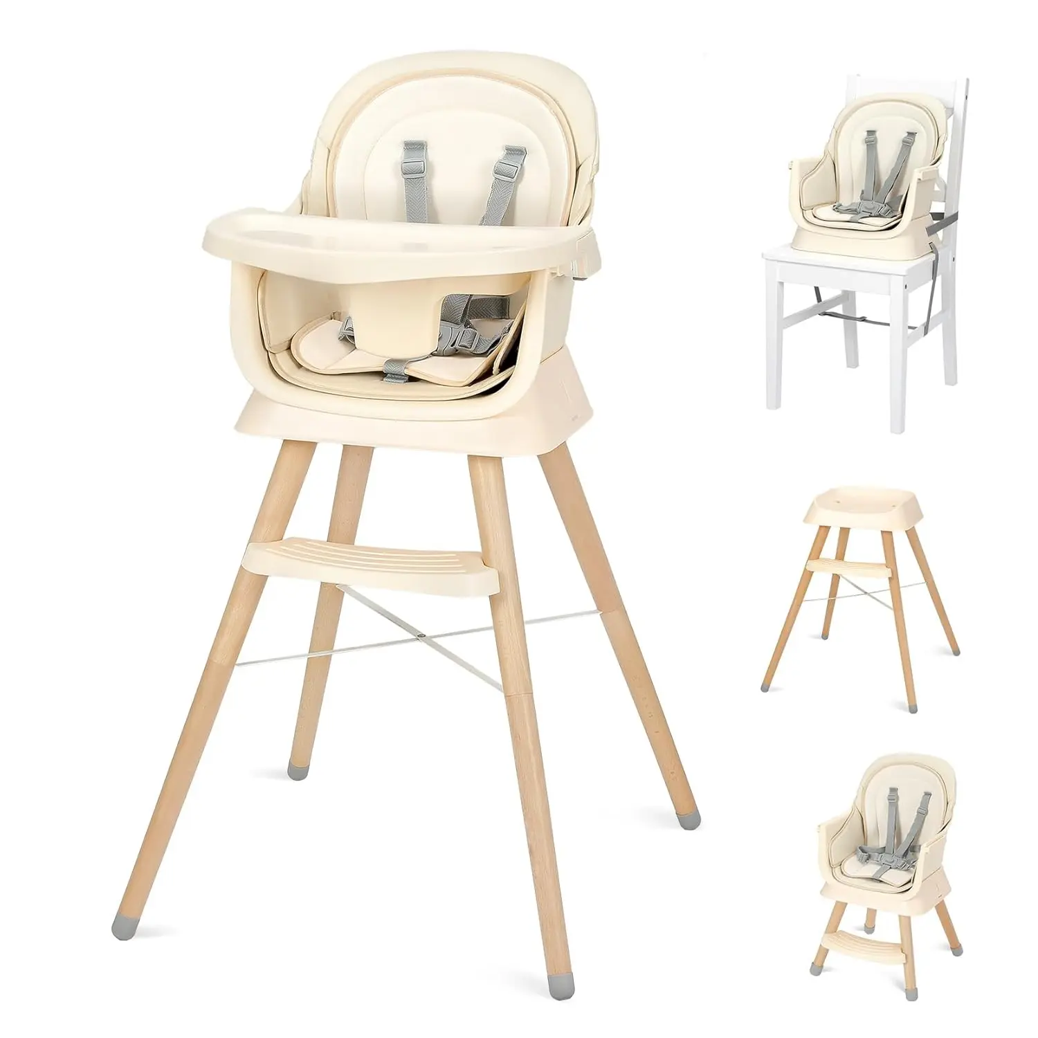 Portable Baby High Chair, High Chairs  Babies and Toddlers with Adjustable Legs, 6-in-1 Convertible to Booster Seat  Dining Table, Toddlers High Chair with Removable Cushions - Cream