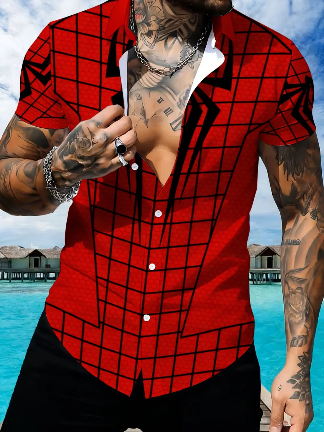 Red Spider-Man Theme Short Sleeve Shirt, Men's Anime Printed Casual Shirt, Summer Fashion Top