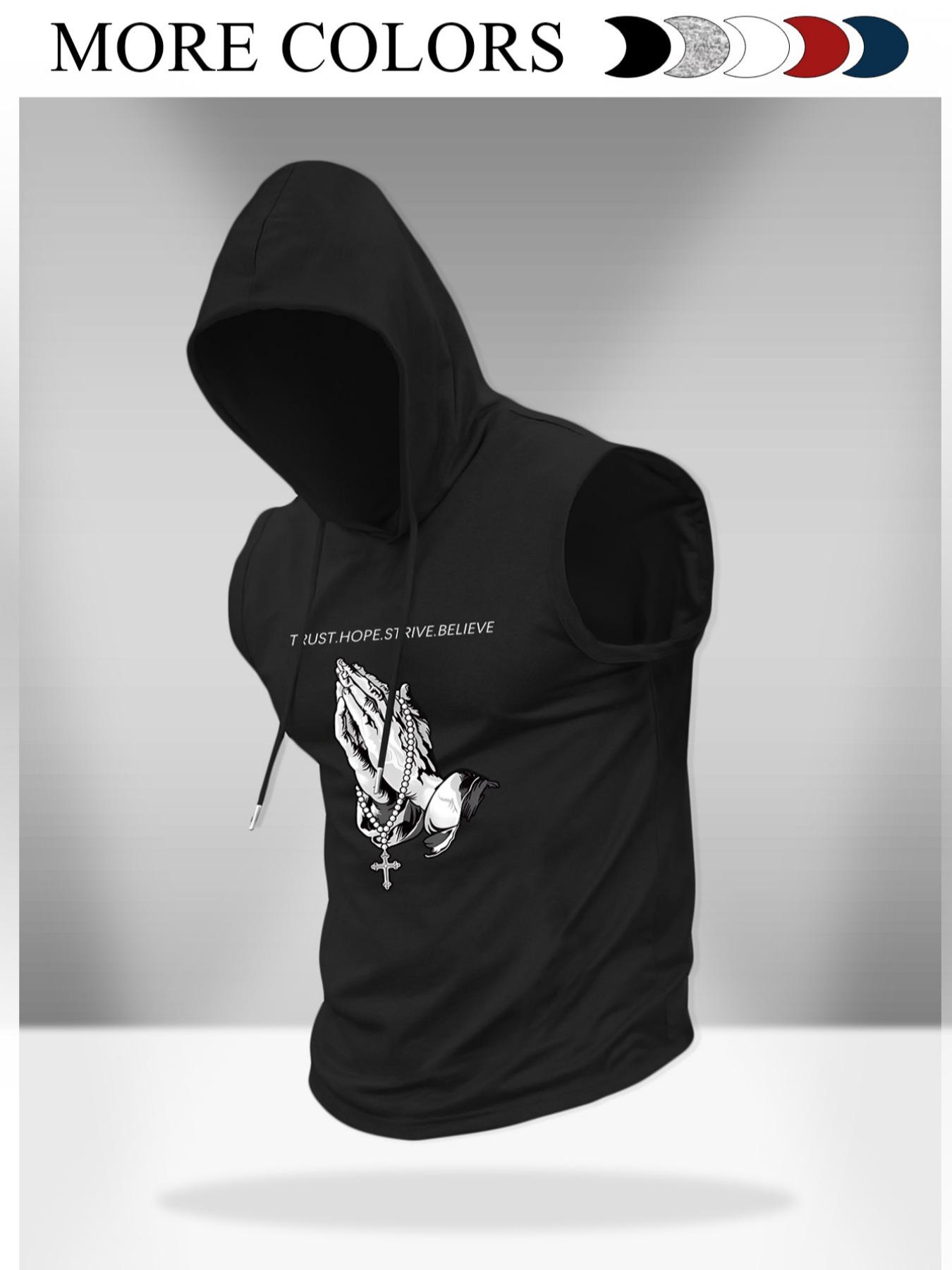 Men's Regular Fit Cross Print Hooded Tank Top, Casual Sleeveless Graphic Hoodies Vest for Summer, Men's Top for Daily Wear, Sweatshirts