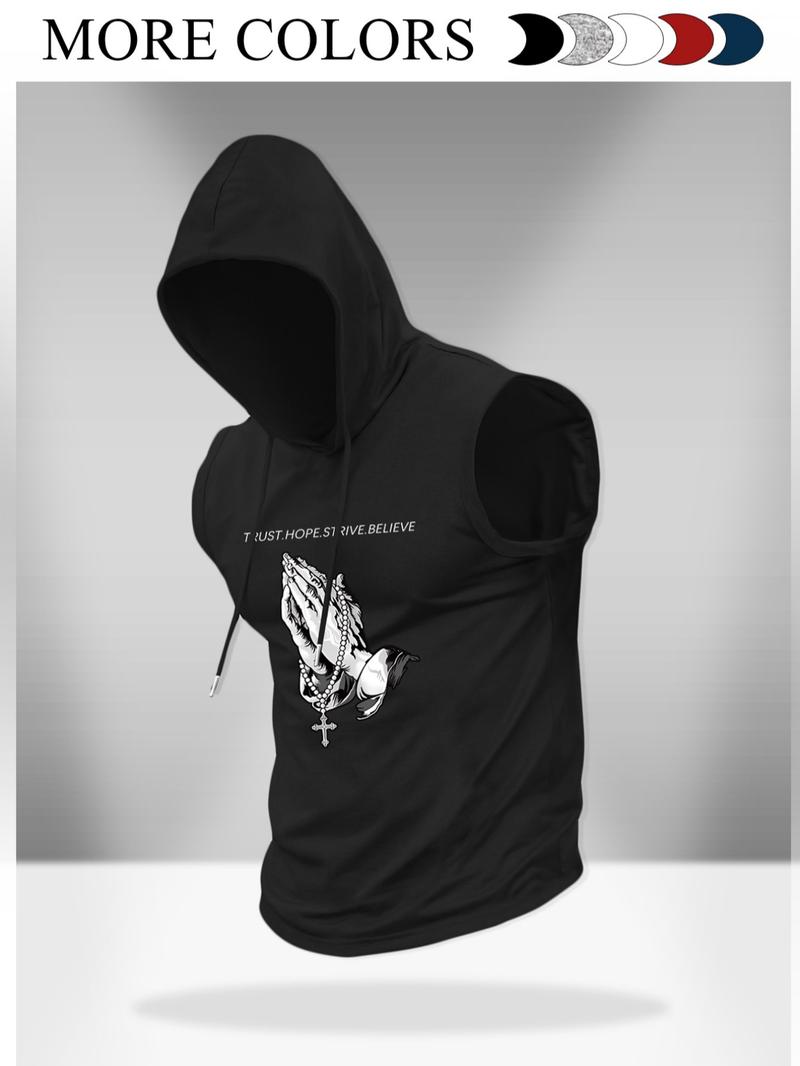 Men's Regular Fit Cross Print Hooded Tank Top, Casual Sleeveless Graphic Hoodies Vest for Summer, Men's Top for Daily Wear, Sweatshirts
