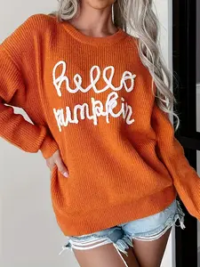Women's 'hello Pumpkin' Print Pullover Sweater, Long Sleeve Round Neck Casual Top, Comfortable Fall Winter Shirt, Hand Wash/dry Clean, Festive Fashion Item