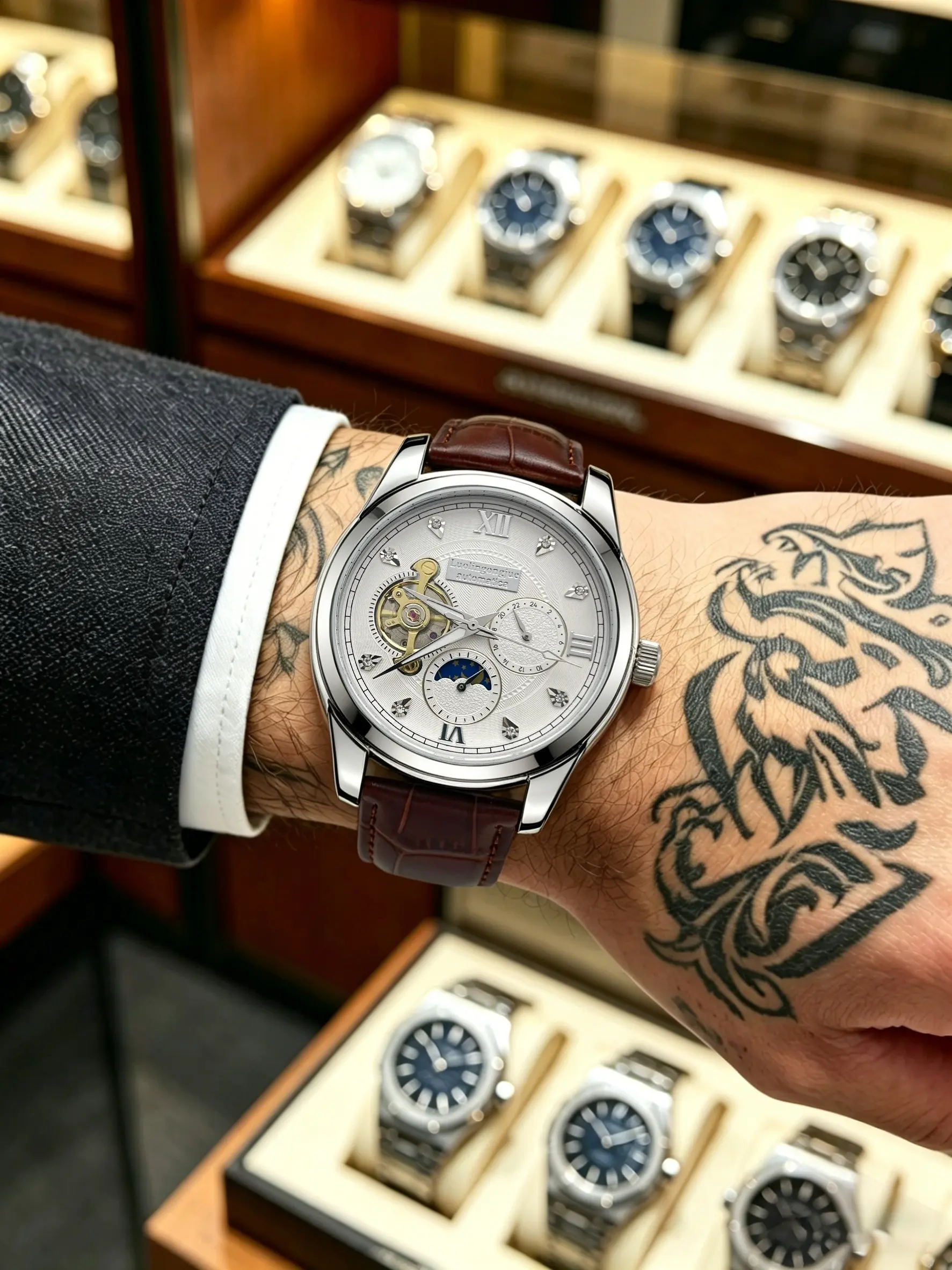 High-End Men's Mechanical Watch, Punk Industrial Style, Hollow Flywheel Design, Multi-Function, Durable Leather Strap, Elegant & Versatile