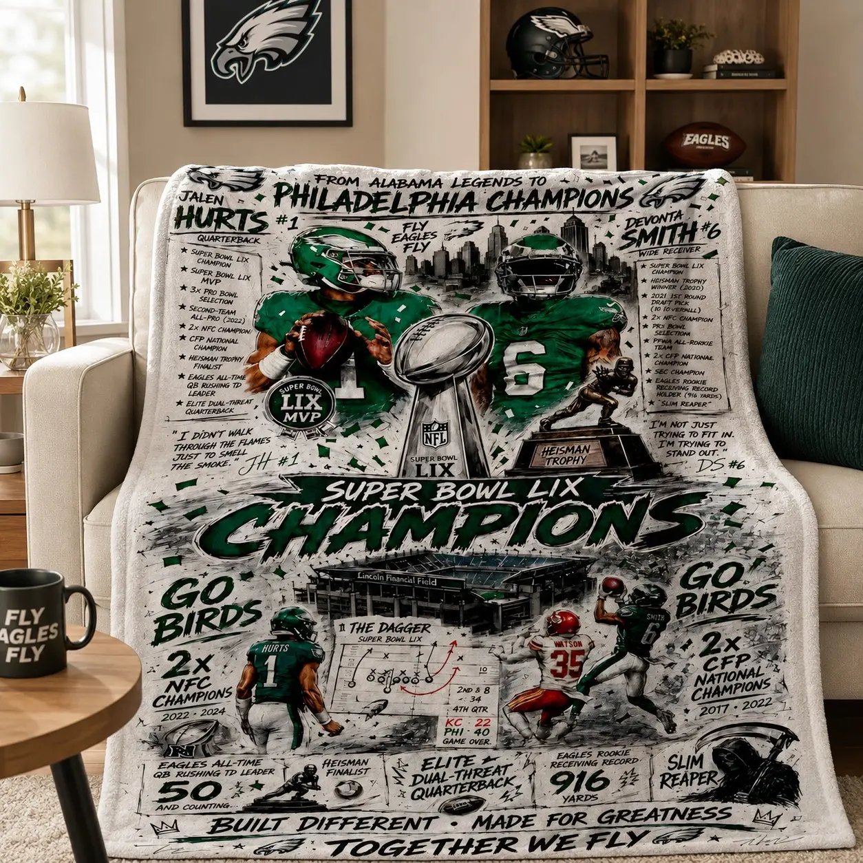 Philadelphia Eagles Super Bowl LIX Champions Flannel Blanket, Soft Cream Plush Throw Blanket with Eagles Football Trophy Championship Graphic Print, Cozy NFL Fan Blanket for Sofa Bed Nap Travel Gift