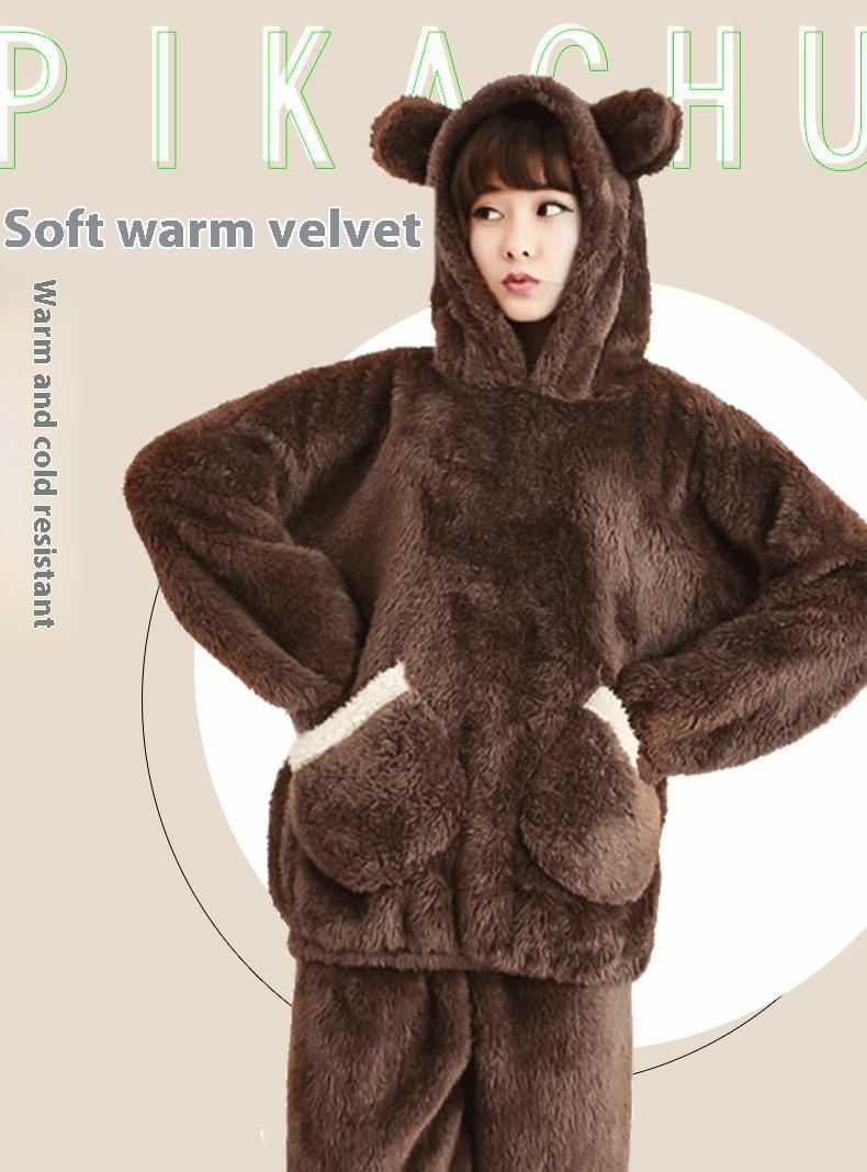 Thickened Warm Autumn Winter Women Cartoon Plush Hooded Bear Sleepwear Ladies Flannel Homewear Set Solid Nightwear Loungewear