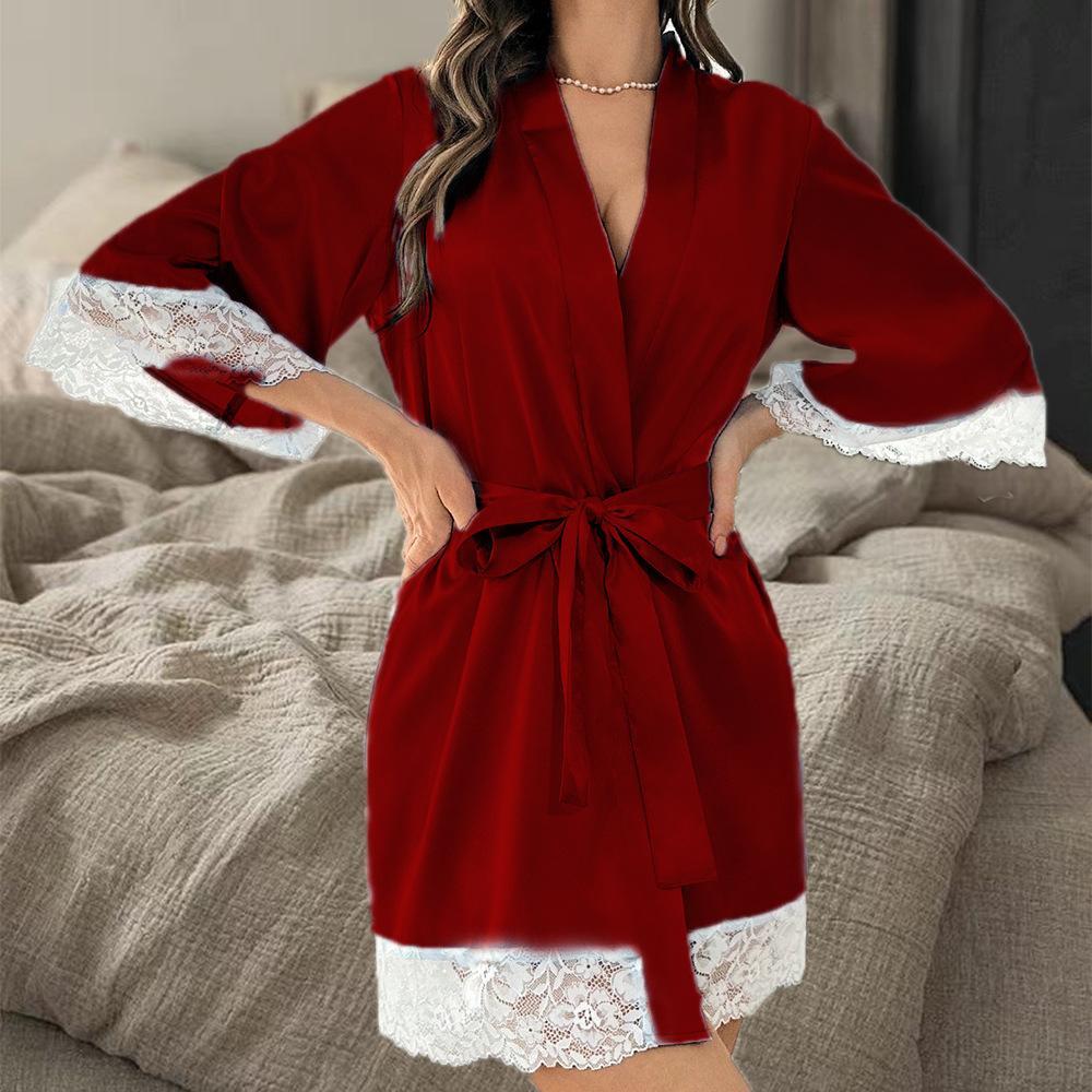 2025 New Ladies Elegant Satin Robe Lace Trim Kimono Short Sleepwear Nightgown V Neck Belted Bridal Loungewear Bridesmaid Gift