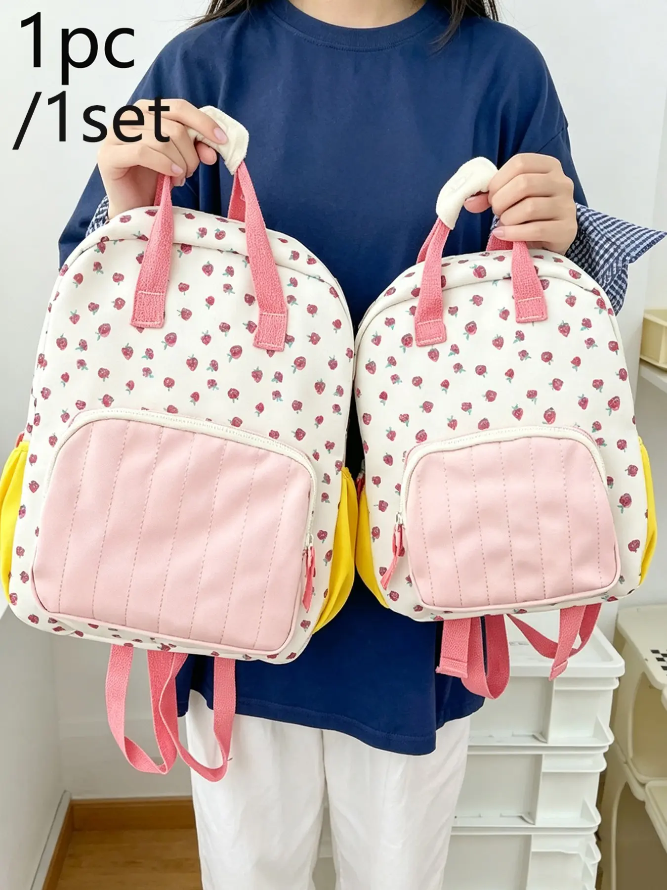 Sweet Strawberry Print Mini Backpack, Lightweight Multi-Pocket School Bag, Cute Casual Commuter Backpack, Adjustable Straps, School Girls Backpack