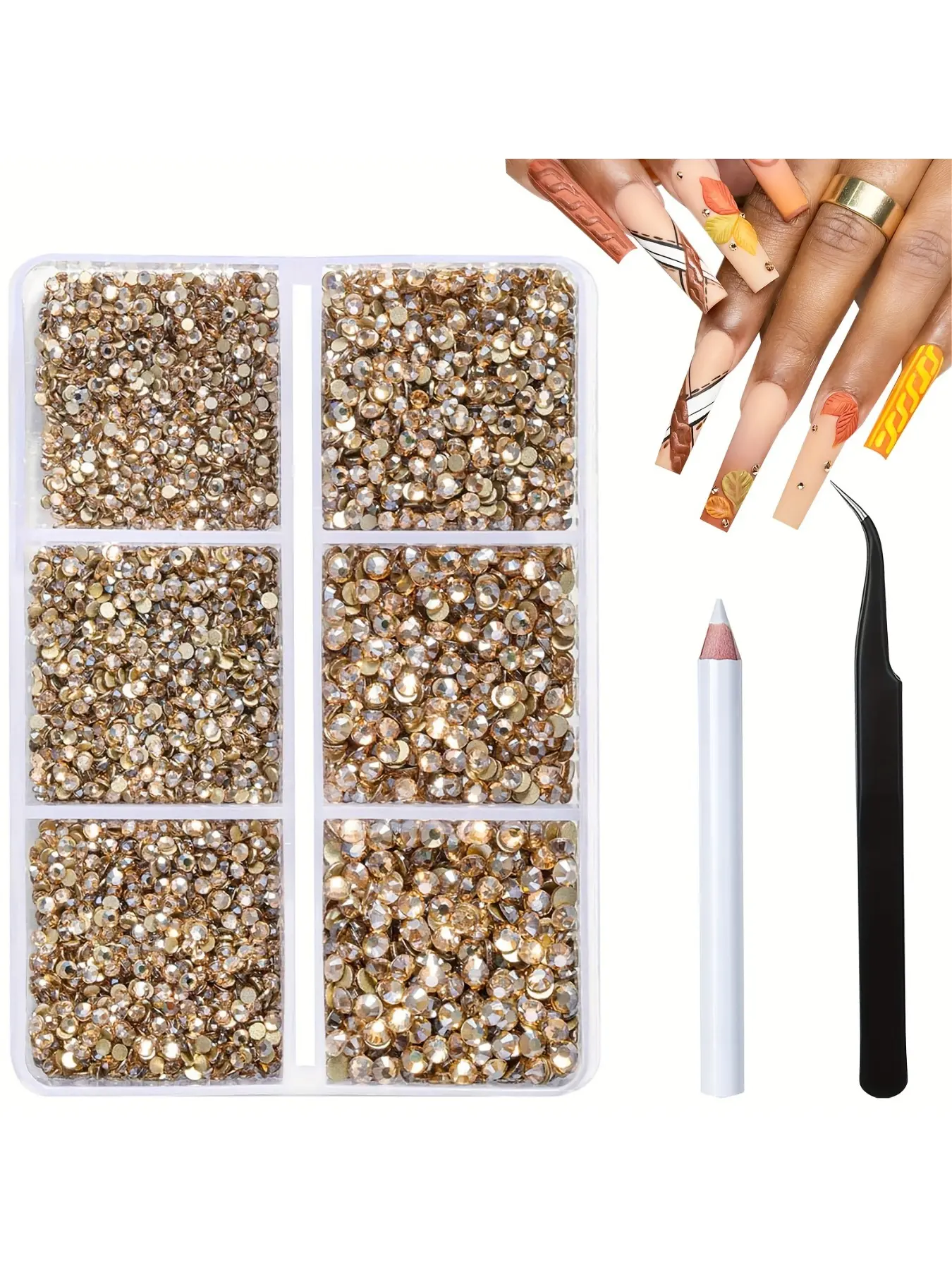 1200pcs Champagne Gold Glass Flat-bottom Nail Art Beads, used for nail design and decoration