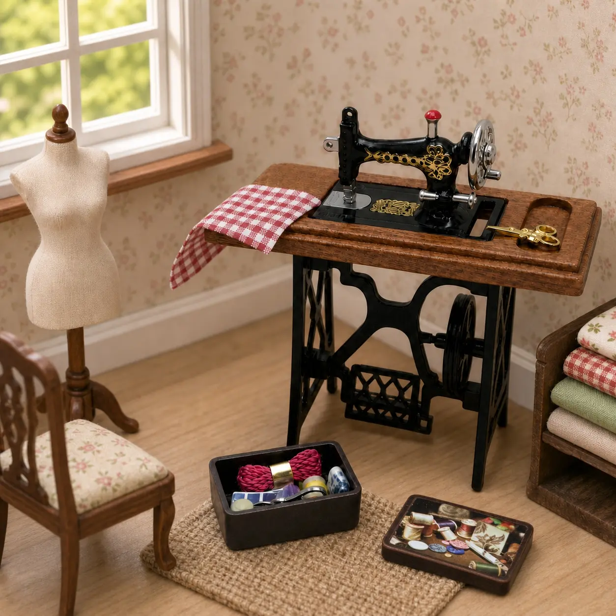 Dollhouse Miniature Treadle Sewing Machine with Sewing Box Vintage Sewing Room DIY Scene Decor Christmas Easter New Year Gift