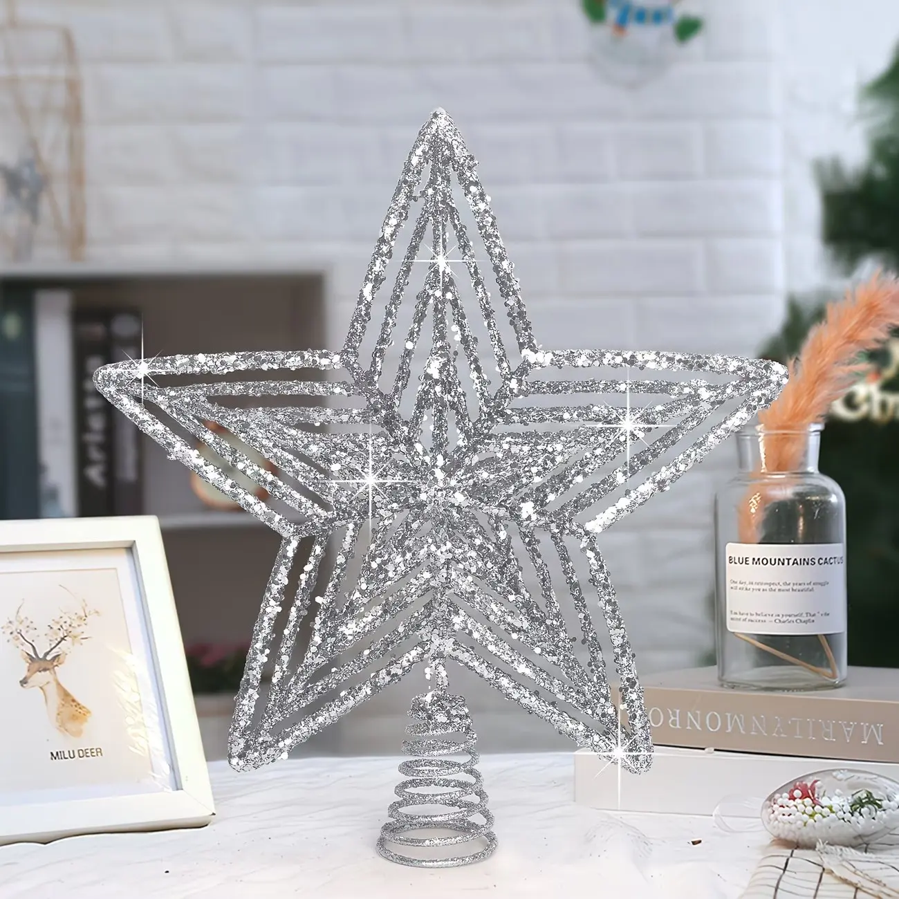 30cm Shiny 3D Hollow Christmas Tree Top Star Decoration, Colorful Holiday Ornament with Iron Spring Stand, Champagne and Silver Color Options