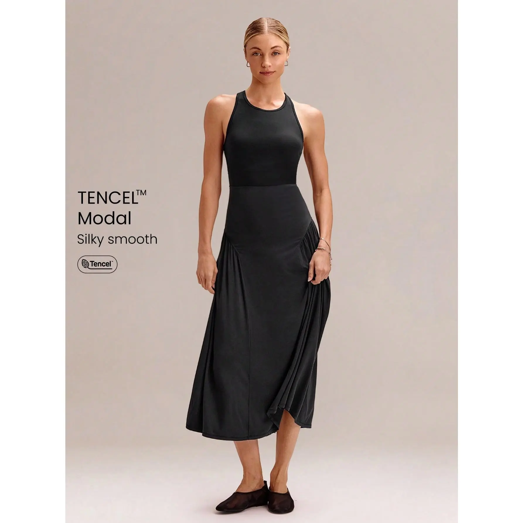GLOWMODE SoftCalm Modal Crewneck Cutout Flowy Wide Hem Racerback Maxi Dress With Removable Cups Daily Casual Summer Wear