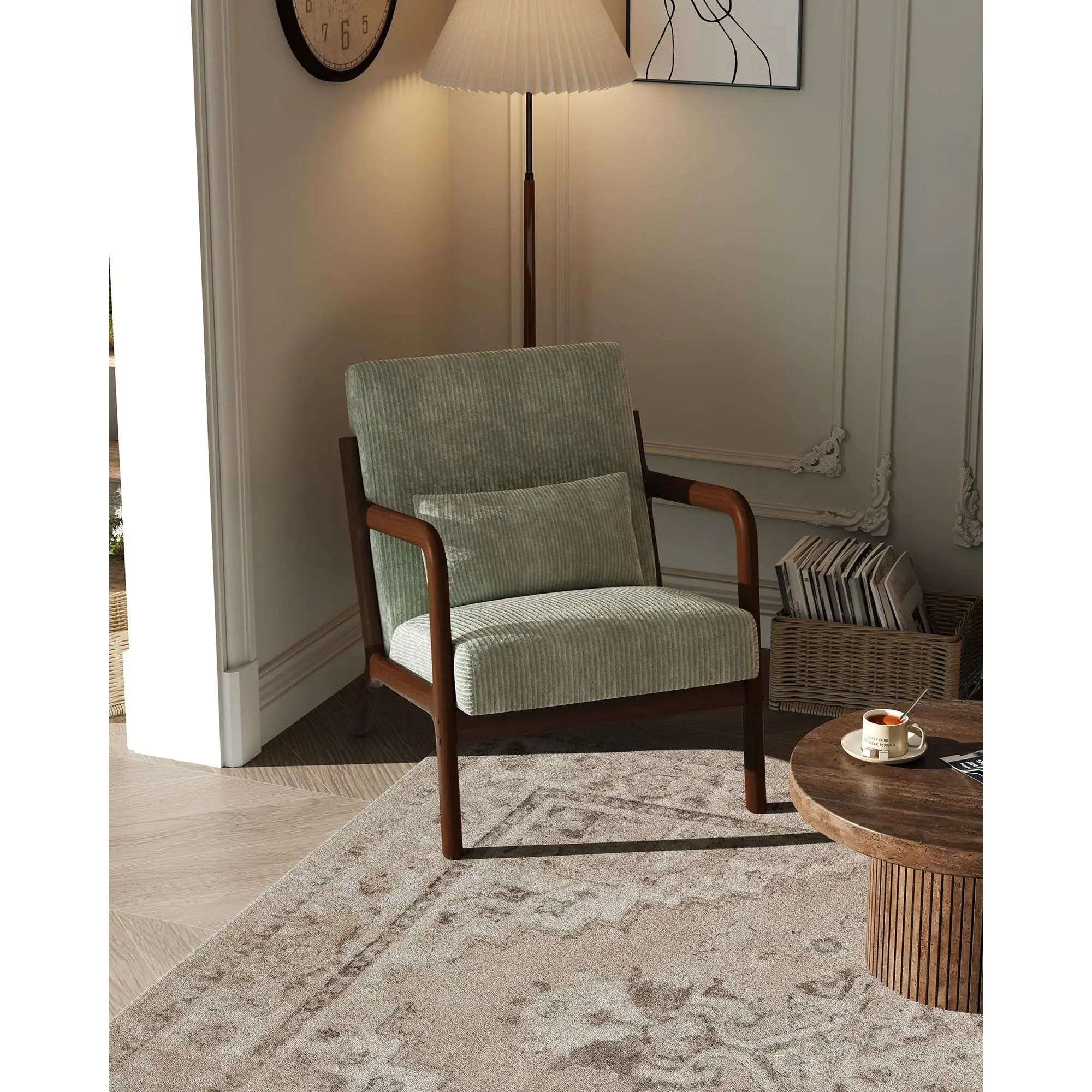 Garvee Modern Wide-Wale Corduroy Accent Chair with Lumbar Pillow, Mid-Century Lounge Armchair Featuring Solid Wood Frame for Living Room, Bedroom, or Office in Green