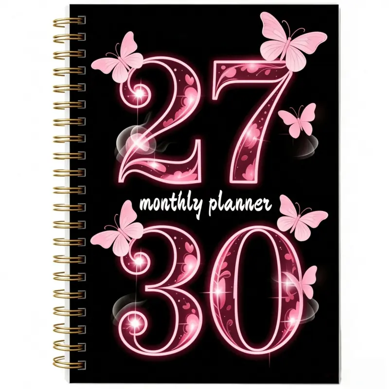 2027-2030 Four-Year Calendar Notebook, Notebook Planner - with black background and pink butterfly cover, month tabs, 48 months, 5.5x8.3 inches with thickened pages