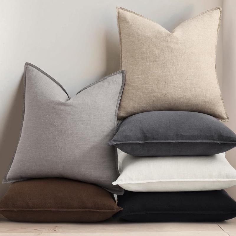 Spring Decorative Linen Throw   20x20 Inch Set of 2 Natural Beige   with Flange Edges Soft Farmhouse Boho Accent  Cases for Couch Bed Living Room Pillow Covers