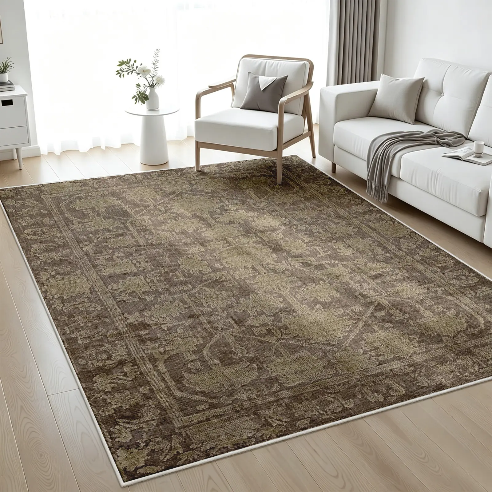 1pc 8x10ft Vintage Distressed Area Rug, Brown Base with Faded Olive Green Medallion Carpet, Soft, Non-Slip, Machine-Washable Floor Covering, Stain-Resistant, Low-Pile Rug, Aesthetic Decor for Living Room and Bedroom (Various Sizes)