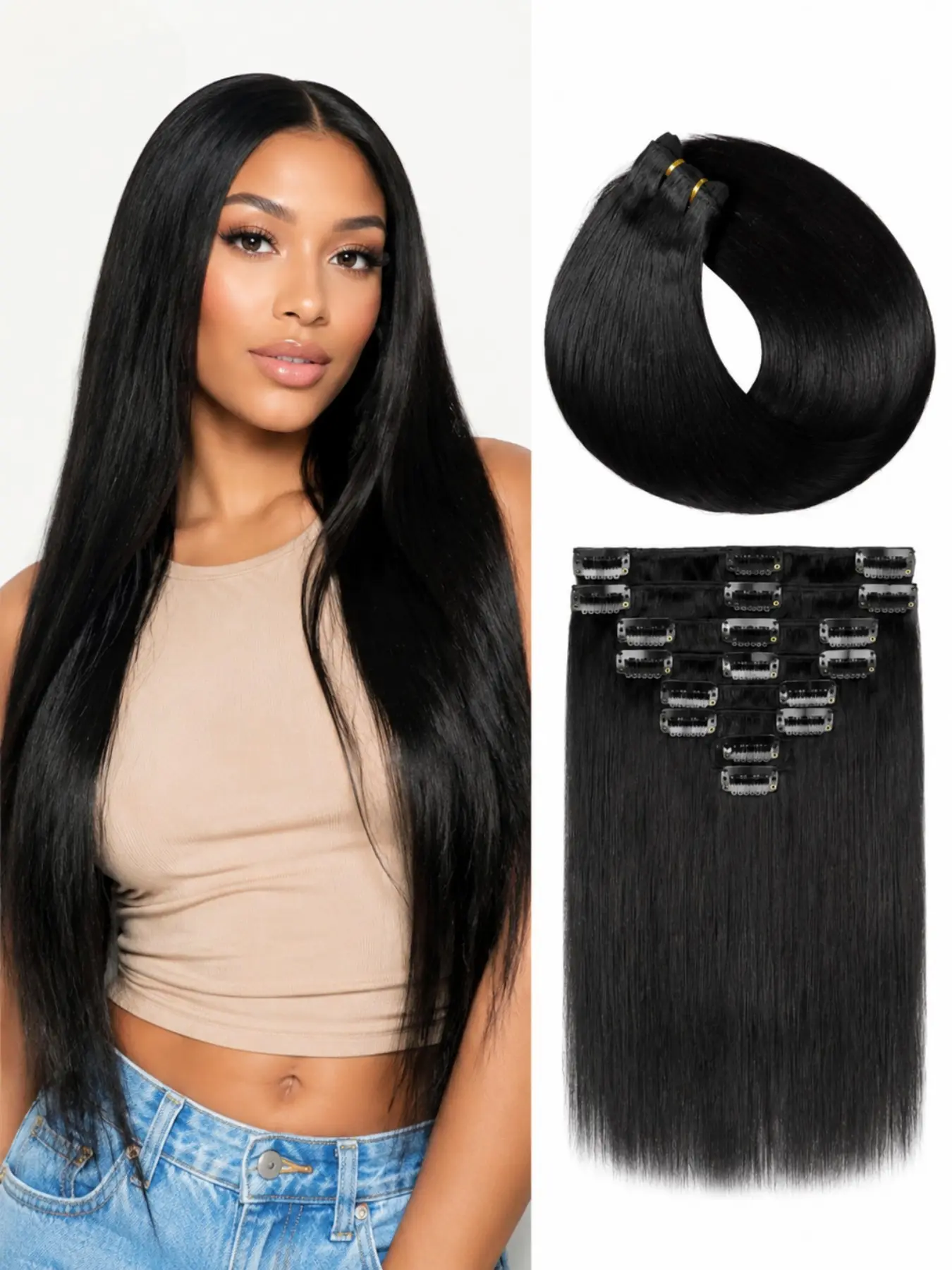 Human Hair Clip In Hair Extensions Black Straight Hair Weft Extensions for Women Natural Looking Hairpiece Add Length Volume Soft Silky Hair Easy Install