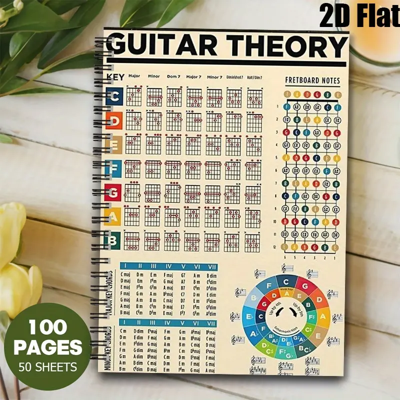 1 Guitar Theory Spiral Notebook, 5.7x8.26 inch, Fretboard Notes & Chord Charts, Music Learning Tool for Students, Songwriting Journal for Musicians, Perfect Gift for Guitar Lovers on Christmas, Birthday & Music Festivals [2D] Flat