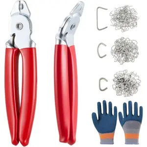 2-Pack/1set Hog Ring Pliers Set with 3/4", 1/2", 1" Galvanized Rings, Angled & Straight Bungee Cage Fastener Tools, Rust-Proof Fence Repair Hardware Kit with Gloves