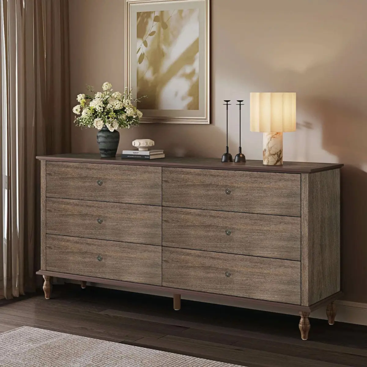 6-Drawer Double Wide Wood Dresser for Bedroom, Deep Brown Burnt Wood Finish Storage Chest with Self-Closing Slides, Metal Copper Handles, Solid Wood Roman Column Legs, Anti-Tip Kit Included