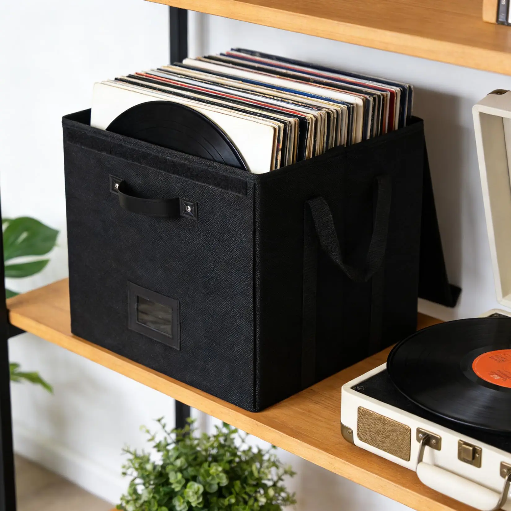 Garvee Set of 3 Stackable Vinyl Record Storage Boxes with Lids, Non-Woven LP Album Storage Cubes with Reinforced Handles for Living Room Home Entertainment - Black