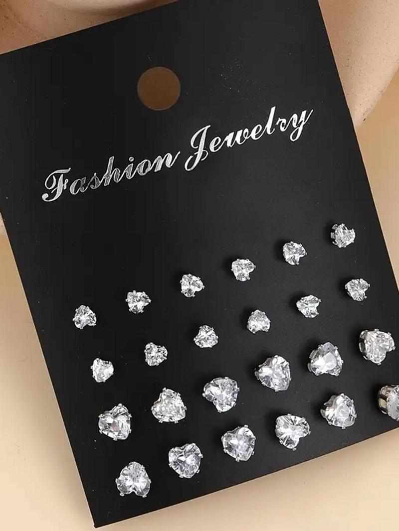 Fashion Mixed Size Rhinestone Decorated Stud Earring, Casual Heart & Square Shaped Stud Earrings for Women & Men, Jewelry for Party, Daily Clothing Decor for Girl & Boy, Valentine's Day Gift