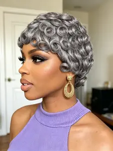 Salt Pepper Grandma Short Curly Pixie Wig, Full Machine Made Human Hair, Tiny Ringlet Bob Wig with Fringe for Women