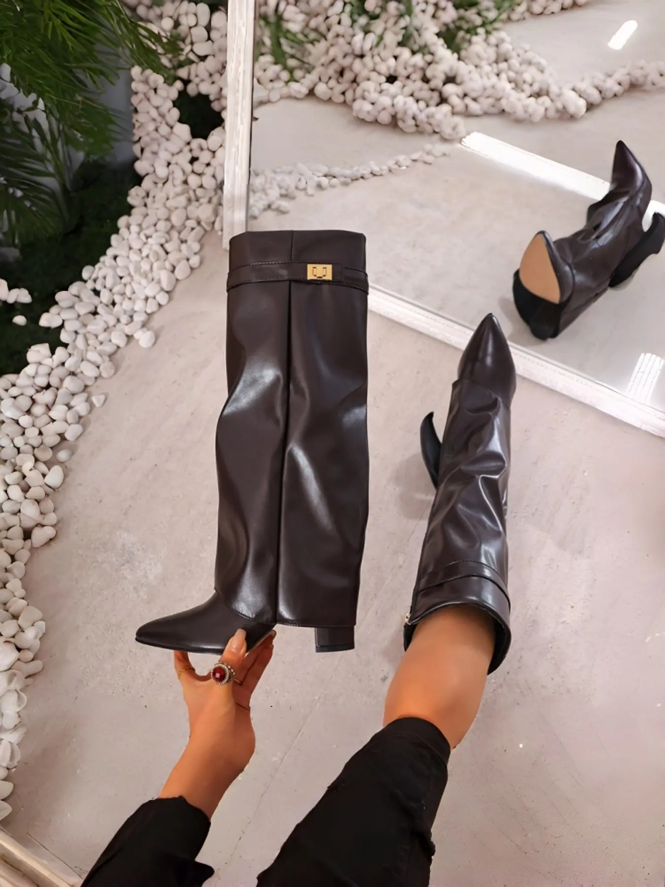 Women's Metal Buckle Split Leg Tall Boots, Pointed Toe Slim Heel Side Zip Soft PU Fashion Boots, Fall Winter European Style, Fashionable Boots