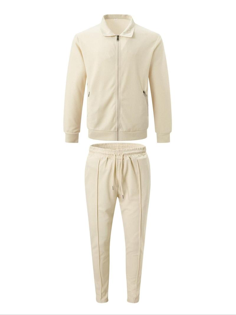 Men's Solid Color Jacket & Drawstring Waist Pants Two-piece Set, Regular Fit Casual Long Sleeve Outerwear & Pants for Daily Wear, Men's Two-piece Outfits for All Seasons Men's Solid Color Jacket & Drawstring Waist Pants Two-piece Set, Regular Fit Casual Long Sleeve Outerwear & Pants for Daily Wear, Men's Two-piece Outfits for All Seasons