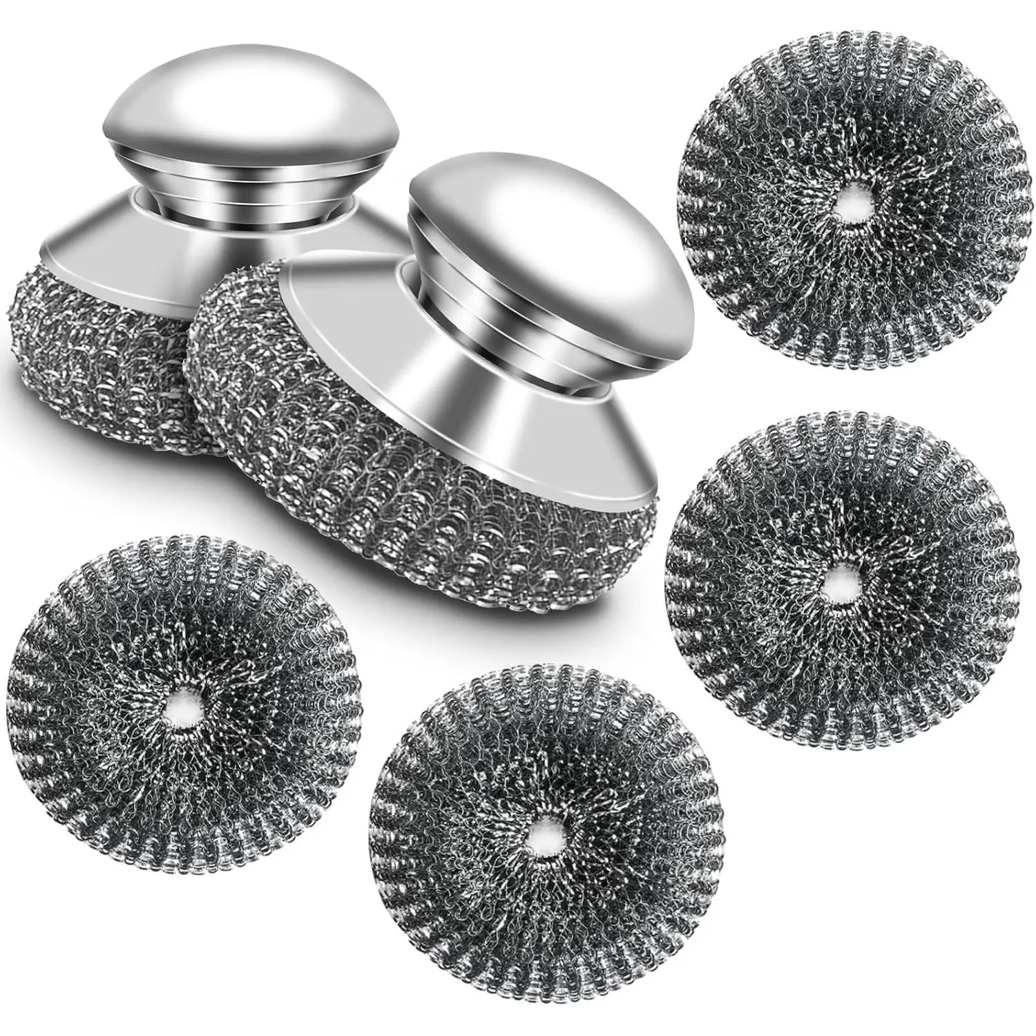 Stainless Steel Scrubber with Handle, Heavy Duty Steel Wool Scrubbers for Pots and Pans, Cast Iron, Steel Wool Scouring Pads for Stove, Oven, Grill, Kitchen, Sink Cleaning