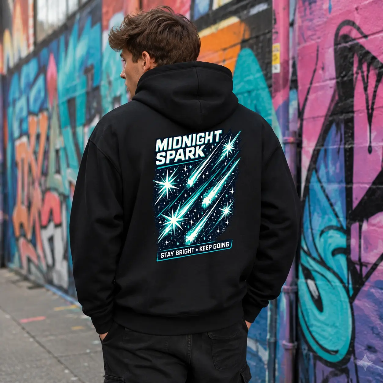 Men’s Midnight Spark Graphic Hoodie, Celestial Shooting Star Back Print Pullover Sweatshirt