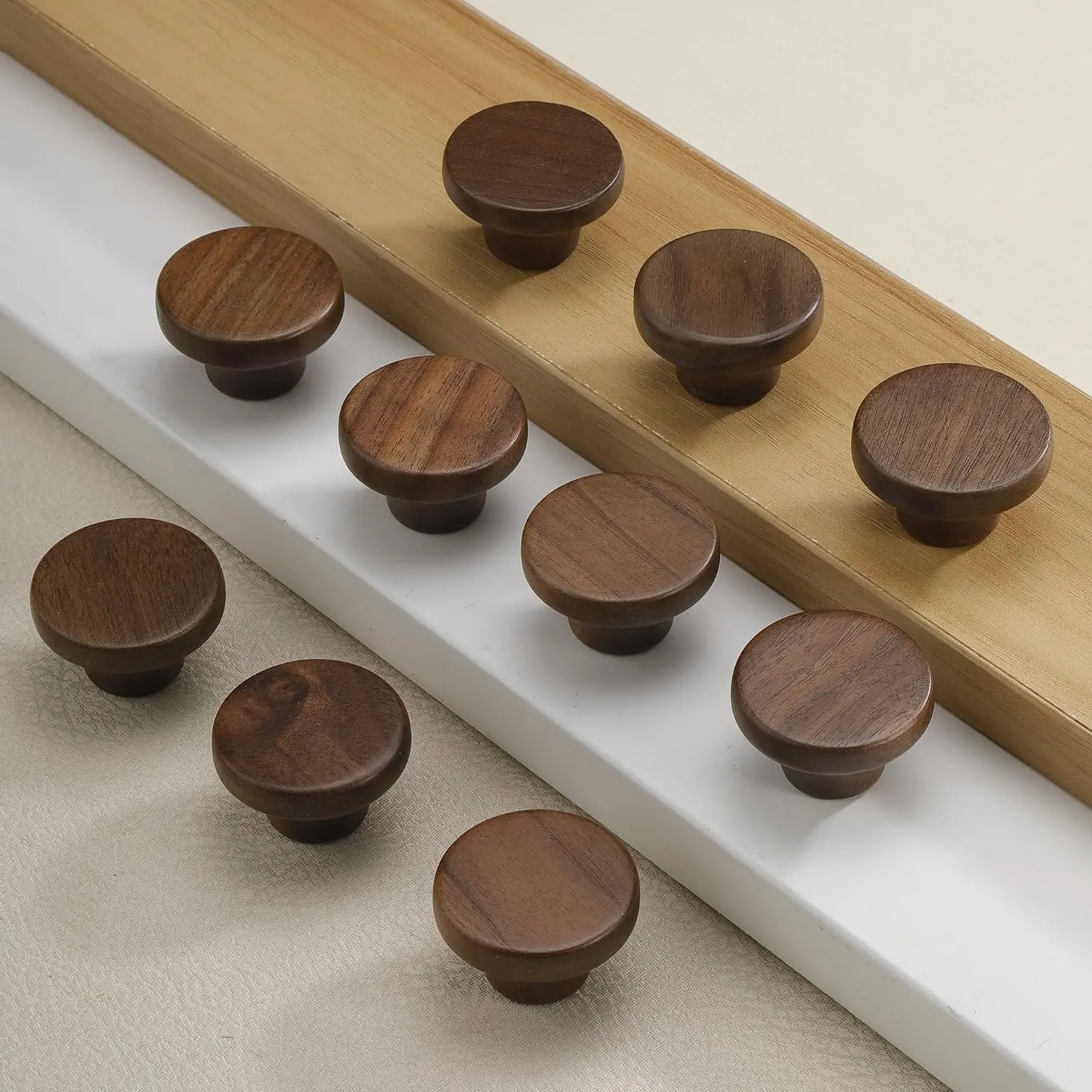 10 Pack 1.53 Inch (39 mm) Round Walnut Wood Cabinet Knobs, Single Hole Drawer Handles, Decorative Furniture Hardware for Dresser Wardrobes