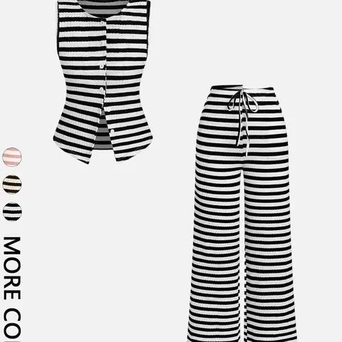2 Piece Sleeveless Single Buttons Split Hem Waist Striped Lightweight Vest Top Adjustable Drawstring Tie High Waist Straight Wide Leg Casual Pants Co Ord Set Casual Loungewear Sets