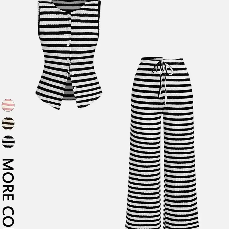 2 Piece Sleeveless Single Buttons Split Hem Waist Striped Lightweight Vest Top Adjustable Drawstring Tie High Waist Straight Wide Leg Casual Pants Co Ord Set Casual Loungewear Sets