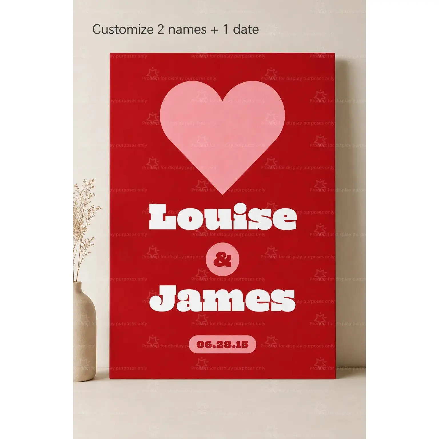 Custom Heart Name Canvas Poster Personalized 2 Names Date Print, Red Love Wall Art, Romantic Couple Bedroom Living Room Decor, Anniversary Gift, Aesthetic Poster Print, Custom Canvas Wall Decor