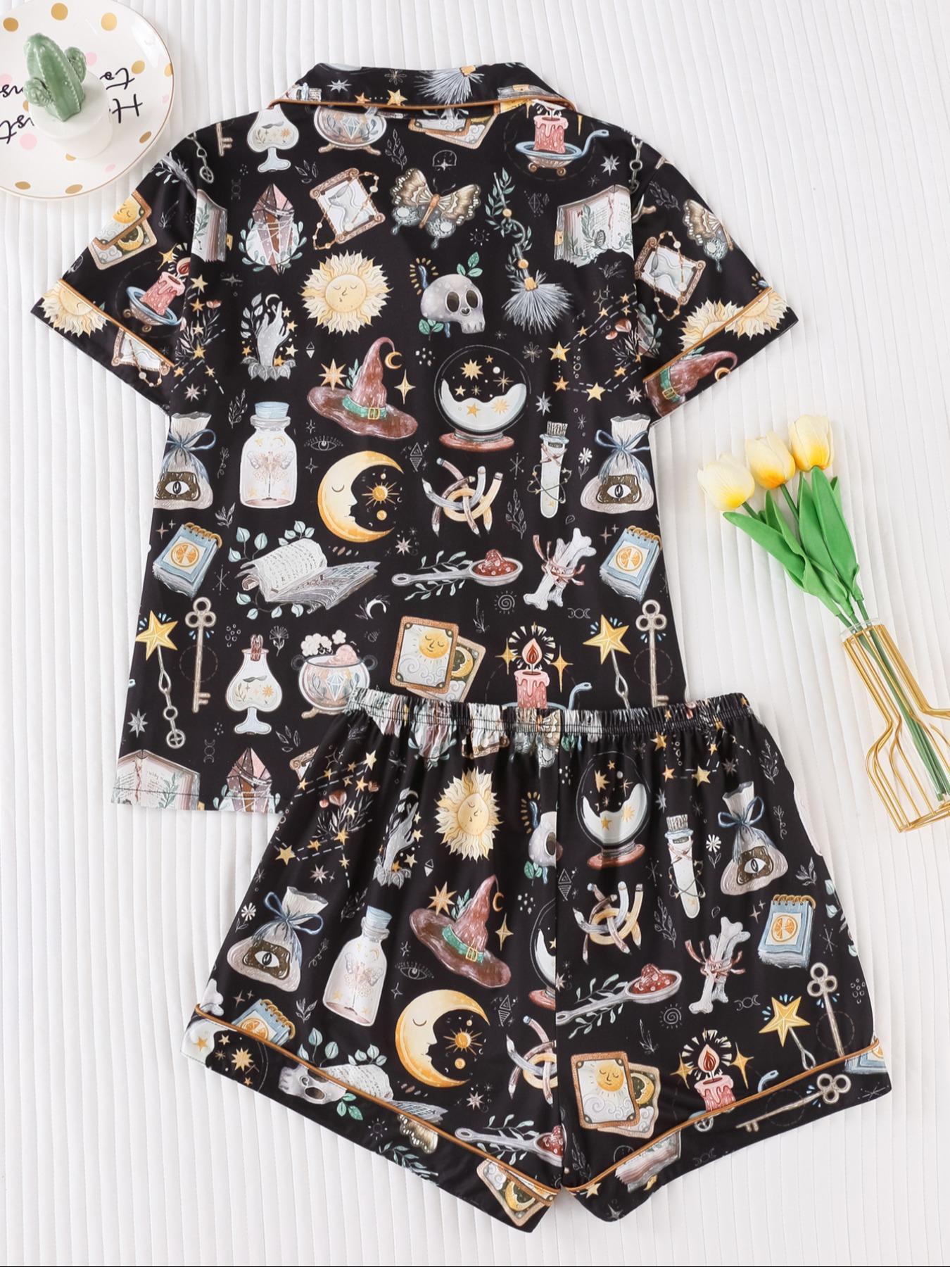 Women's All Over Print Pyjamas Two-piece Set, Casual Comfy Short Sleeve Lapel Neck Pajama Top & Elastic Waist Shorts PJ Set, Ladies Sleepwear, Loungewear Pajamas Set, Casual Pajama Sets