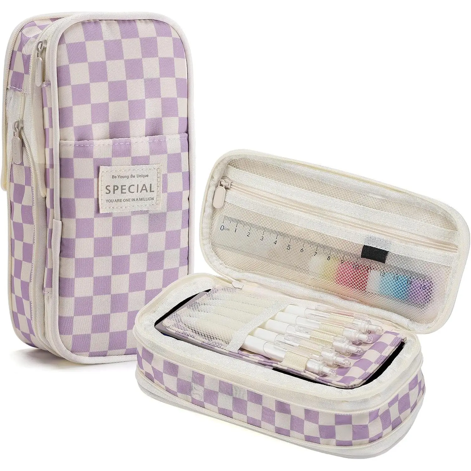 Gingham Pattern Checkerboard Print Expandable Pencil Case for Teens - Large Capacity Zippered Stationery Organizer, Multiple Colors, Organizes Tools, School Gift for Students