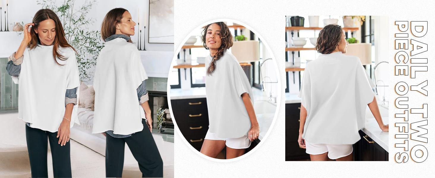 Imily Bela Women's Two Piece Outfits Crew Neck Pullover Tops 3/4 Batwing Sleeve Capelet Wide Leg Pants Casual Lounge Set