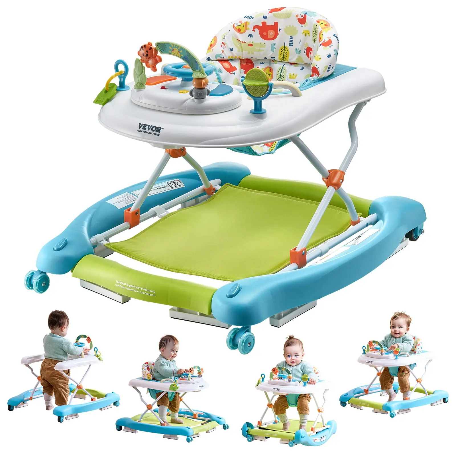 【DealsForYouDays】VEVOR 4-in-1 Baby Walker, Foldable Baby Activity Center on Wheels, 3 Adjustable Height, Music Toys Tray, Learning-Seated Walk-Behind Rocker Bouncer Toddler Walker for Girls Boys 6-24 Months