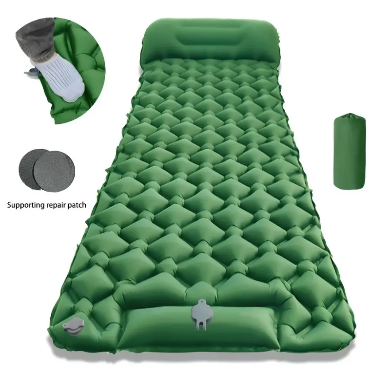 Single Inflatable Camping Mat Light Foldable Moisture Resistant Foot Pump Quick Inflate Sleeping Pad Portable Airbed for Hiking Picnic Summer Outdoor Backpacking Trip Gear
