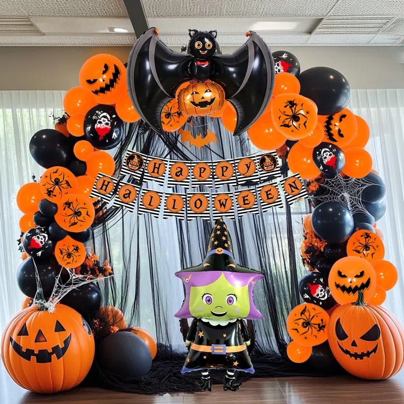Halloween Balloon Garland Arch Kit | Pumpkin Bat Witch Foil Balloons Happy Halloween Banner for Halloween Party Decorations
