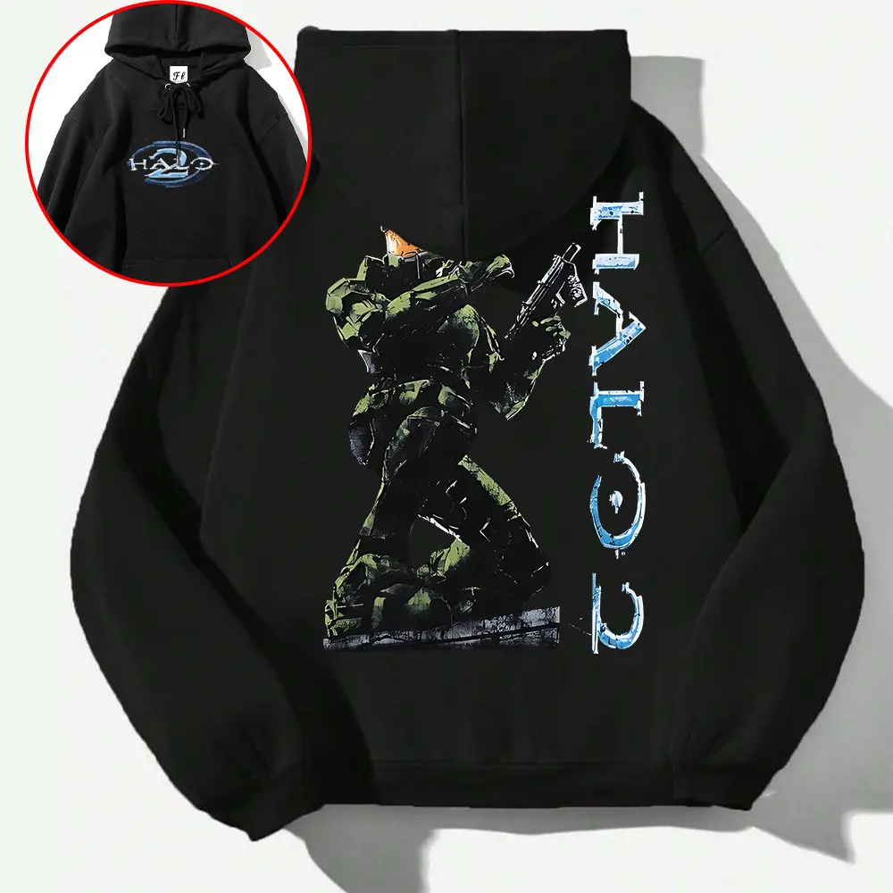 Vintage Halo 2 Master Chief Hoodie | Retro Gamer Graphic Back Print Pullover Sweatshirt, Y2K Gaming Oversized Streetwear Unisex Long Sleeve Casual