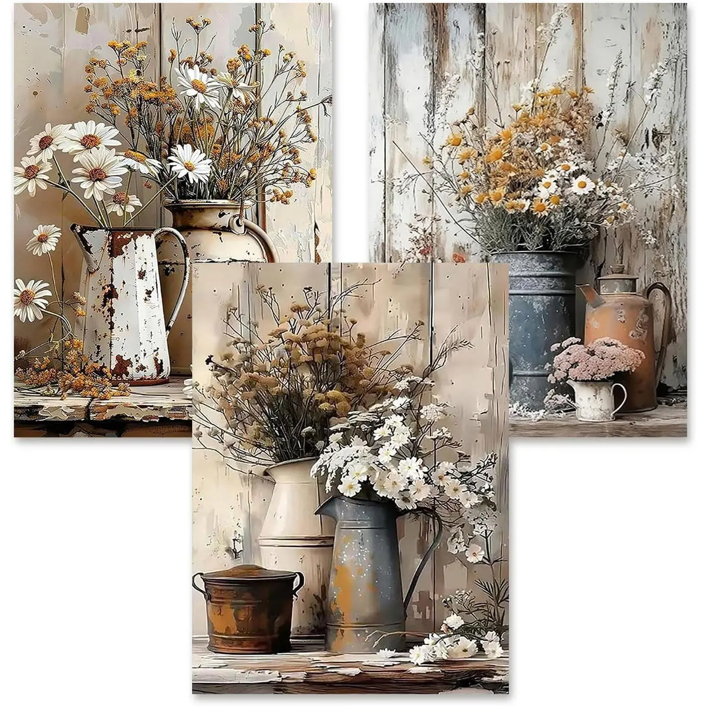 3 Pack 5D Round Full Drill Diamond Art Kits for Adults Beginners, Rustic Farmhouse Daisy Gem Painting Crafts with Tools, 12x16 Inch Home Wall Decor Gift