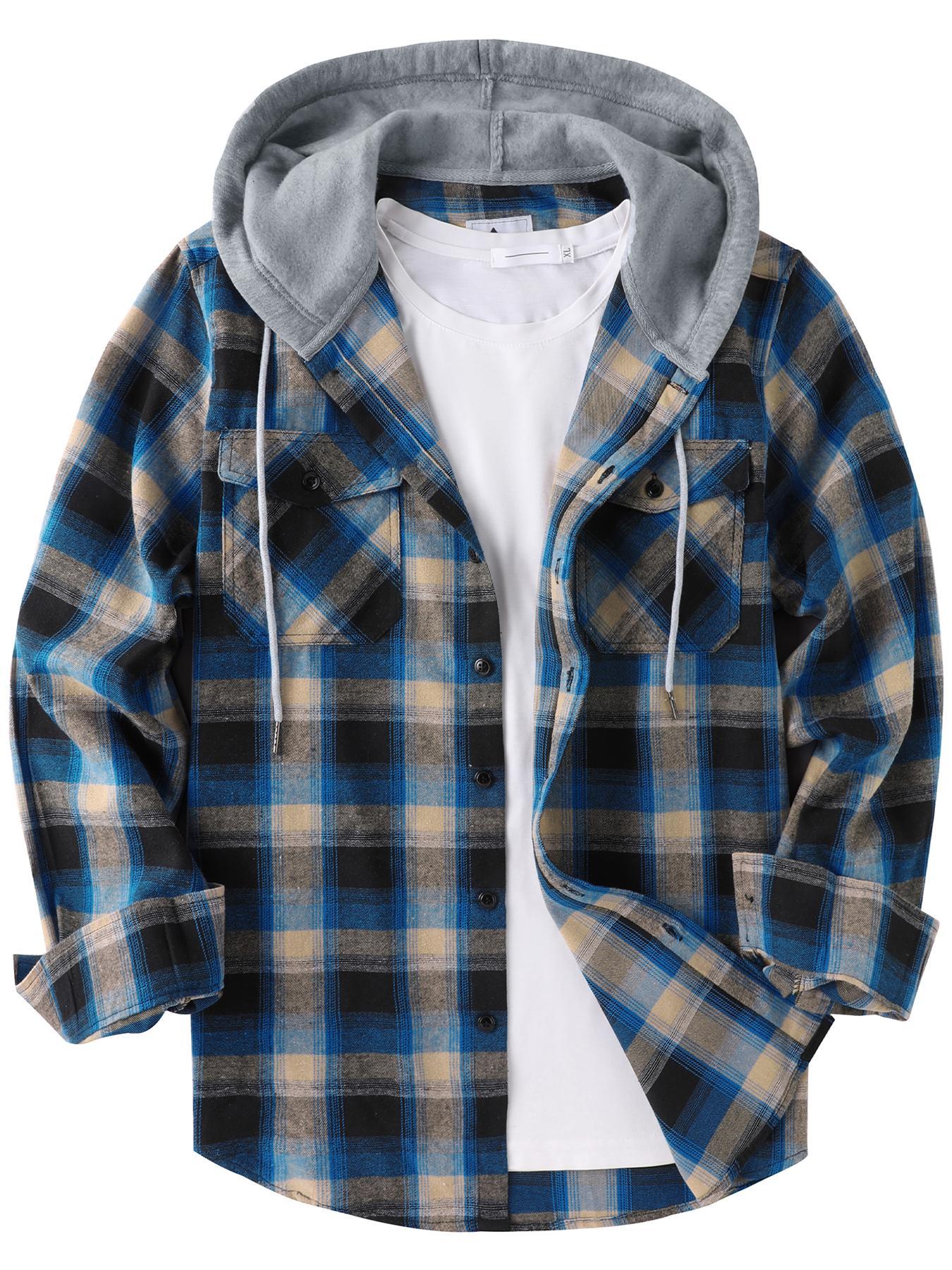 Men's Plaid Button-Front Drawstring Hooded Shirt, Regular Fit Casual Long-Sleeve Outerwear with Pockets for Spring and Fall, Men's Clothes for Daily Wear
