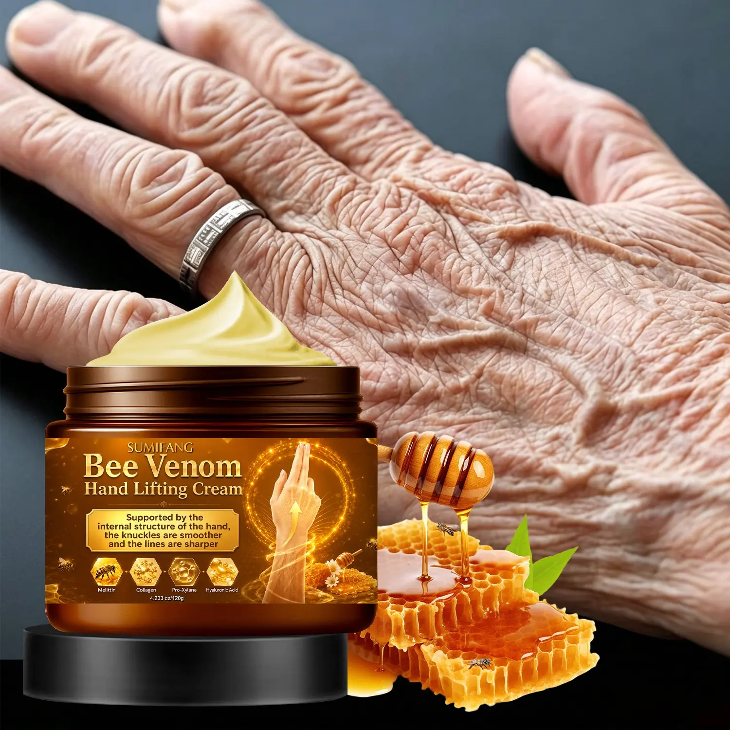 SUMIFANG Bee Venom Lifting Hand Cream 120g – Pro-Xylane + Hyaluronic Acid – Firming & Moisturizing – Targets hands and nail edges – Suitable for office workers and those who wash their hands frequently – Suitable for dehydrated and elastic skin