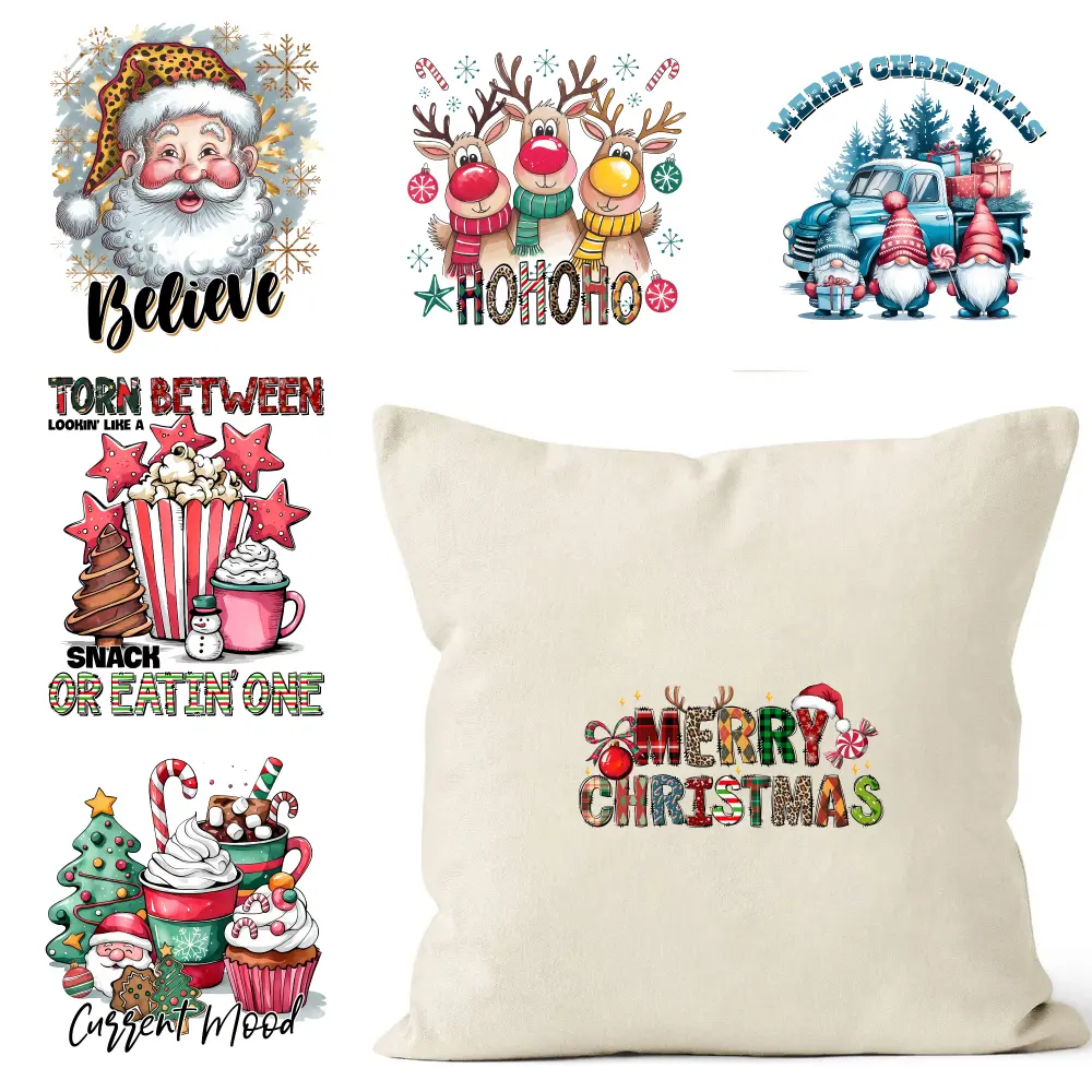 6 Pcs Merry Christmas DTF Iron-On Transfers - Ready-to-Press, Washable Decals for Clothes, T-Shirts, Backpacks - Casual Home Decor Stickers for Easy Heat Press Application