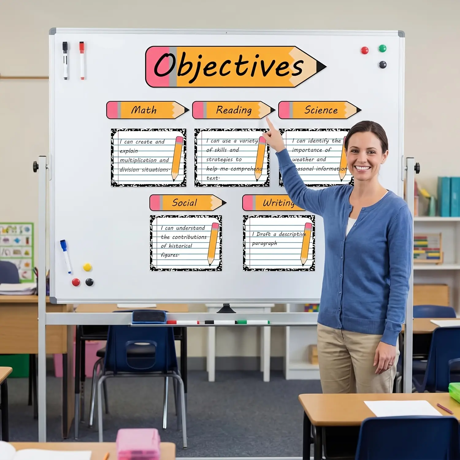 11-piece pencil-themed dry-erase magnetic writing boards, reusable dry-erase organizational charts, classroom goal learning writing boards for whiteboards, essential back-to-school supplies for teachers and home teaching