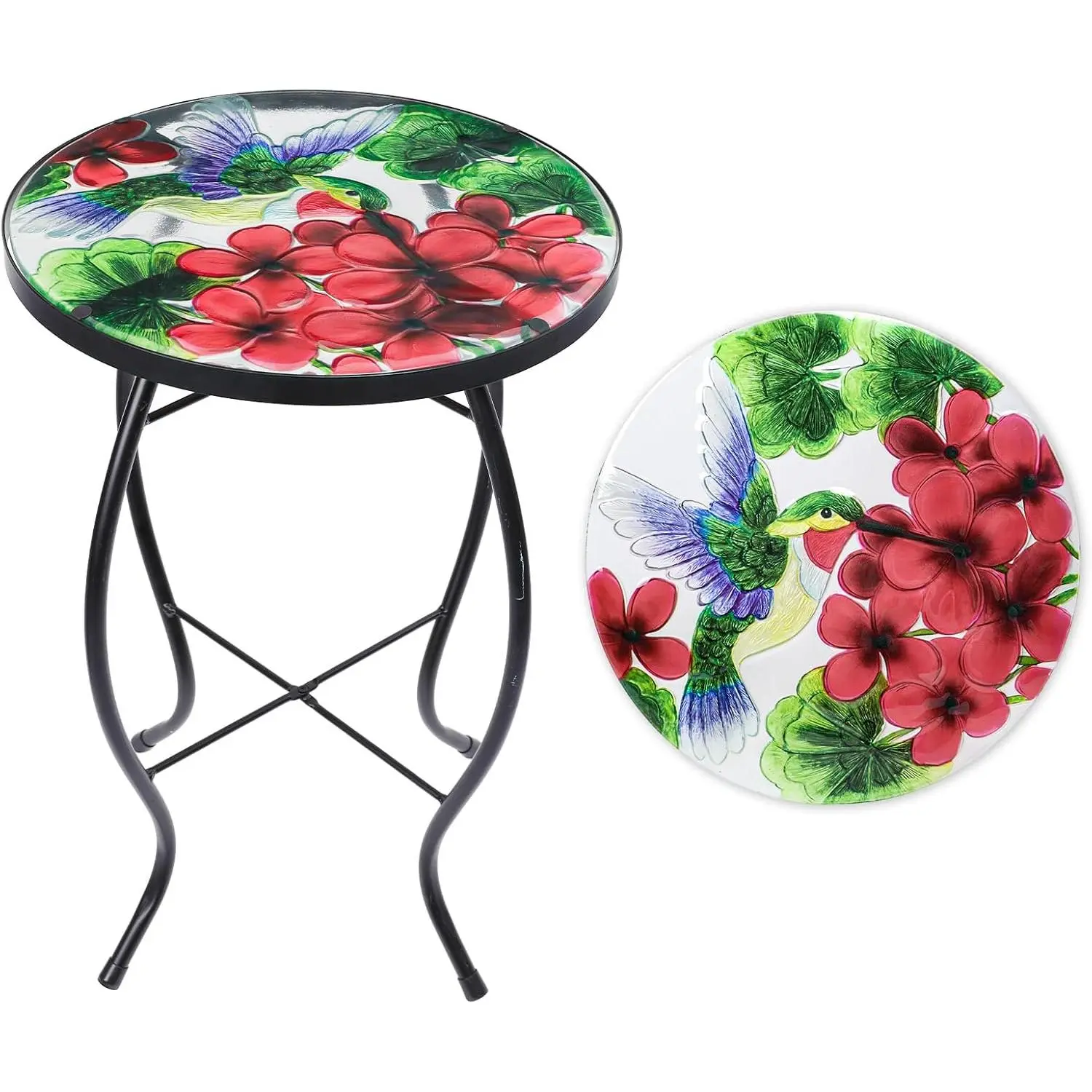 Patio Side Table Outdoor Accent Table Small Mosaic Tables Coffee End Porch Tables Indoor Outdoor Round Glass Balcony Bistro  Stand Hummingbird Poppy 14 inches