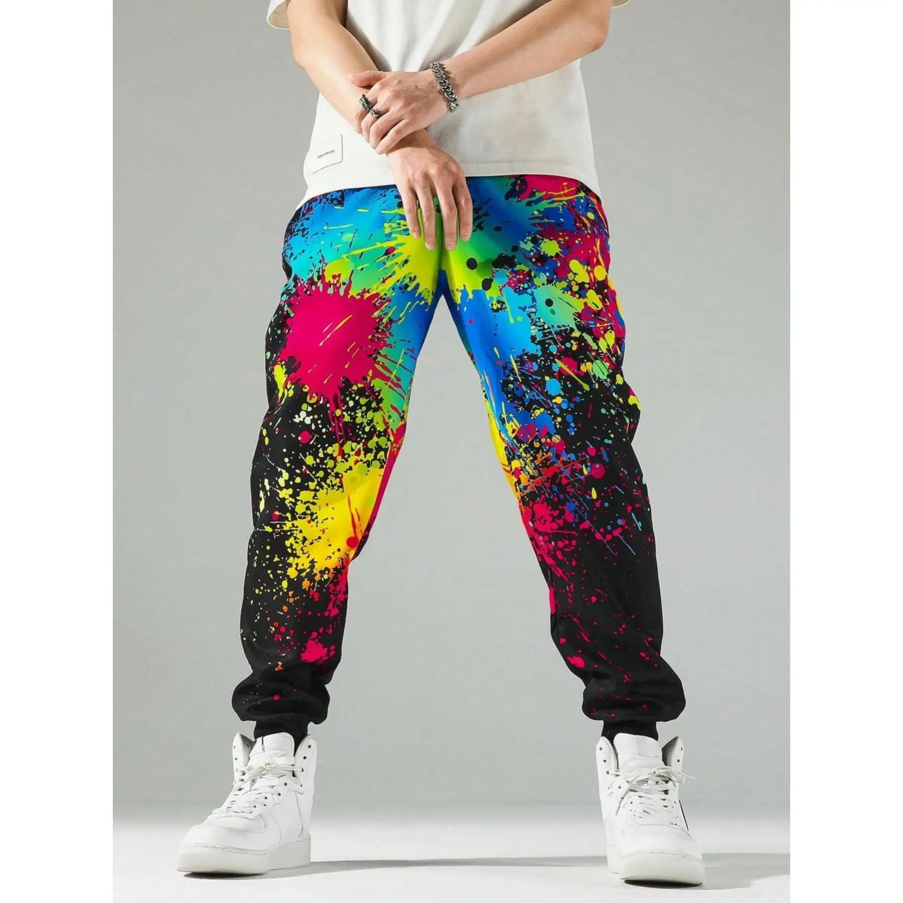 Men’s Vibrant Graffiti Splash Print Jogger Pants - Bright, Neon Accents, Bold Streetwear & Festival Fits, Statement-Making Menswear Bottoms, Bright Men's Pants, Print Men's Pants