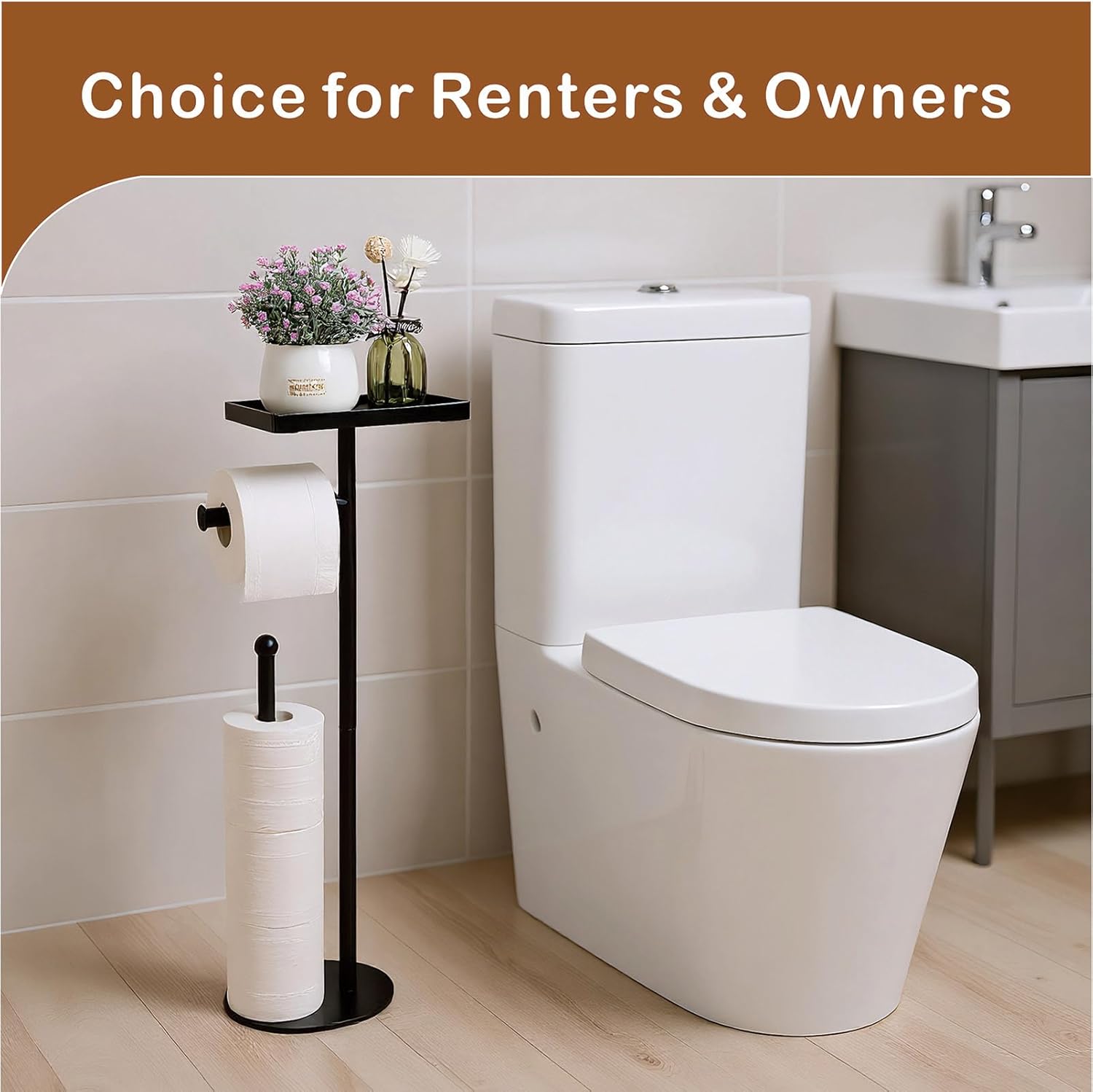 Free Standing Toilet Paper Holder Stand with Phone Shelf, Holds 5 Paper Rolls, Black Tissue Roll Holder for Bathroom, Sturdy Engough for Potted